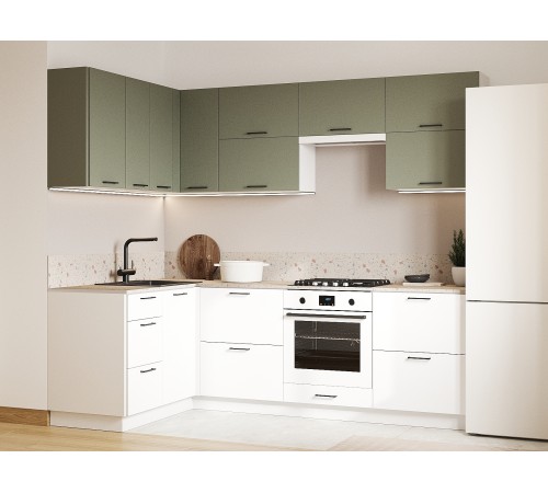 Аурелио Кухонный гарнитур угловой 240х140 см Скрытые «Дорадо», белый/айриш