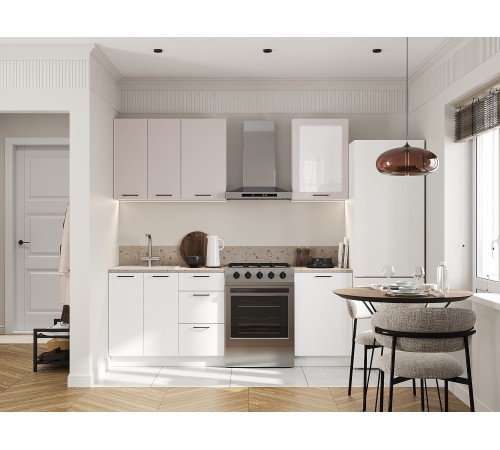 Аурелио Кухонный гарнитур прямой со стеклом 150 см Скрытые «Дорадо», белый/айриш/белый лакобель