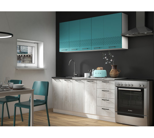 Лагуна Кухонный гарнитур прямой 160 см, белый/морская волна/дуб седой/столешница калаката