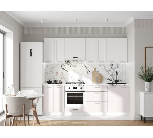 Аурелио Кухонный гарнитур прямой со стеклом 240 см Скрытые «Дорадо», белый/айриш/белый лакобель