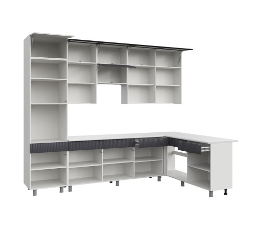 София Кухонный гарнитур угловой 300х180 см, белый/бланж/графит матовый/черный, столешница антарес