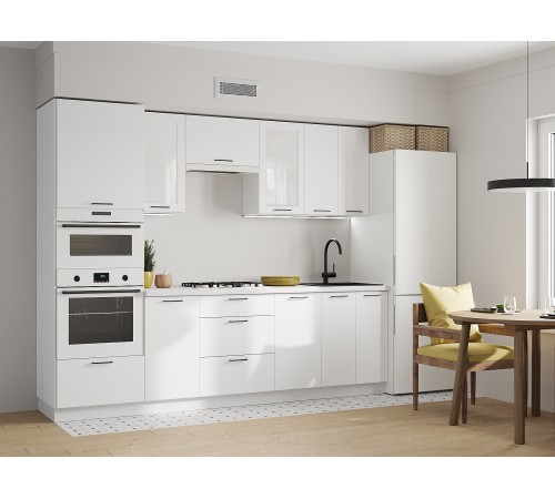 Аурелио Кухонный гарнитур прямой со стеклом 260 см Скрытые «Дорадо», белый/айриш/белый лакобель
