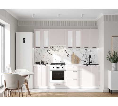 Аурелио Кухонный гарнитур прямой со стеклом 240 см Скрытые «Дорадо», белый/айриш/белый лакобель
