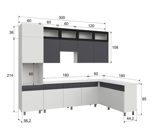 София Кухонный гарнитур угловой 300х180 см, белый/бланж/графит матовый/черный, столешница антарес