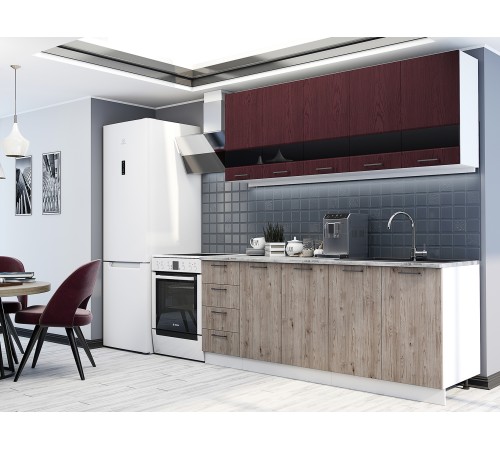 Астра Кухонный гарнитур прямой 200 см, белый/красное дерево/дуб галиано/стекло/столешница калаката