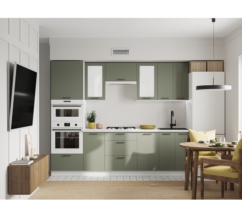 Аурелио Кухонный гарнитур прямой со стеклом 260 см Скрытые «Дорадо», белый/айриш/белый лакобель