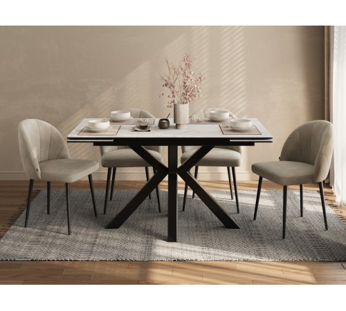 Кухонный стол Мэджик / Стенли 140, керамогранит, белый мрамор/черный матовый