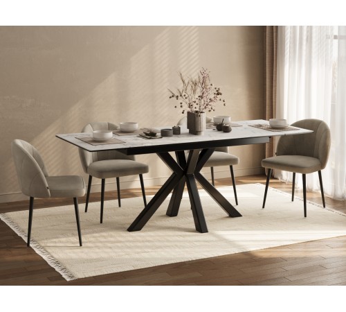 Кухонный стол Мэджик / Стенли 140, керамогранит, белый мрамор/черный матовый