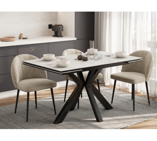 Кухонный стол Мэджик / Стенли 140, керамогранит, белый мрамор/черный матовый