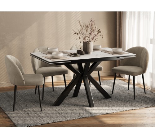 Кухонный стол Мэджик / Стенли 140, керамогранит, белый мрамор/черный матовый