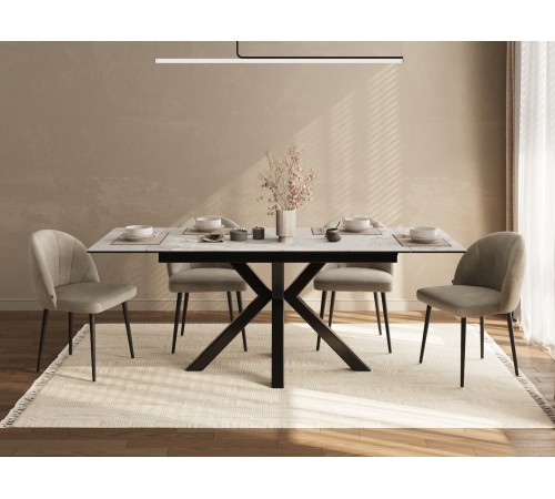 Кухонный стол Мэджик / Стенли 140, керамогранит, белый мрамор/черный матовый