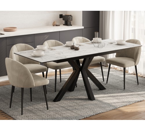 Кухонный стол Мэджик / Стенли 140, керамогранит, белый мрамор/черный матовый