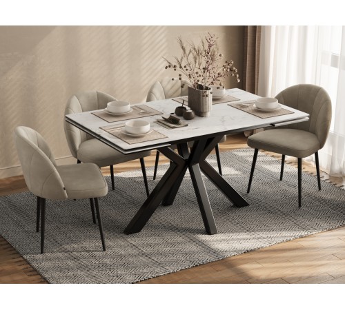 Кухонный стол Мэджик / Стенли 140, керамогранит, белый мрамор/черный матовый