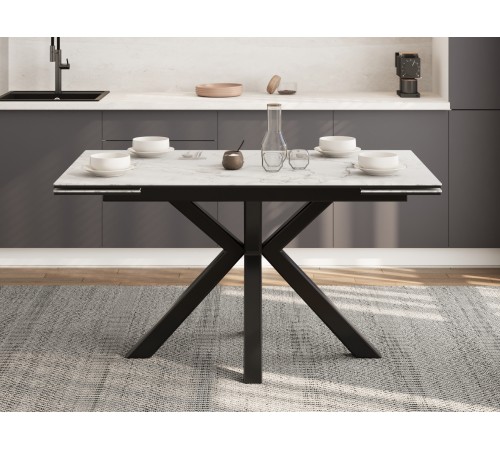 Кухонный стол Мэджик / Стенли 140, керамогранит, белый мрамор/черный матовый