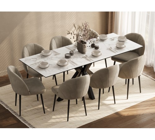 Кухонный стол Мэджик / Стенли 140, керамогранит, белый мрамор/черный матовый