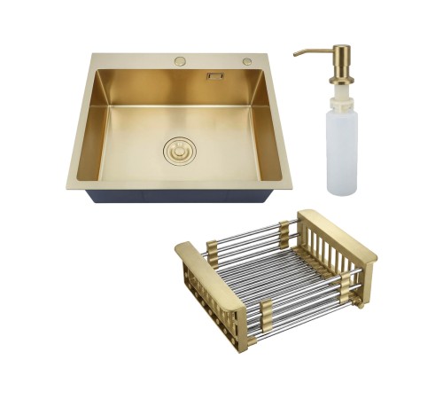 Набор 3 в 1 мойка, корзина и дозатор РМС MR-6050G, золотой/металлик