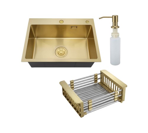 Набор 3 в 1 мойка, корзина и дозатор РМС MR-5843G, золотой/металлик