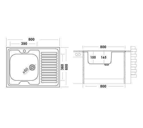 Мойка и сифон "Юкинокс" Стандарт 800.600 4C R