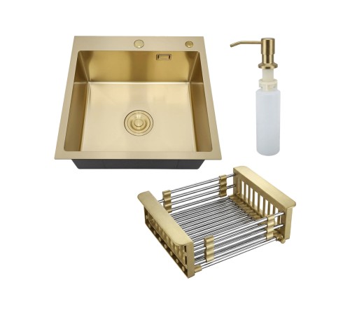 Набор 3 в 1 мойка, корзина и дозатор РМС MR-5050G, золотой/металлик