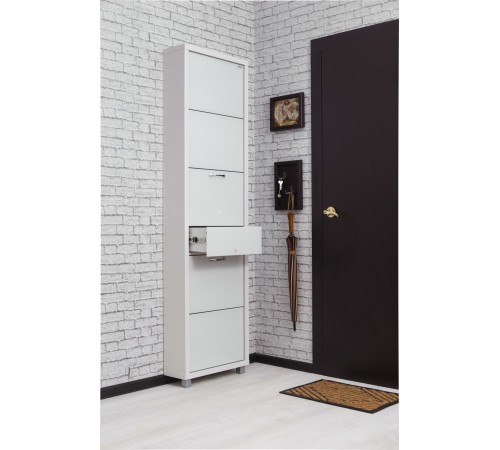 Обувница Люкс Плюс 5, Белый шагрень/стекло белое