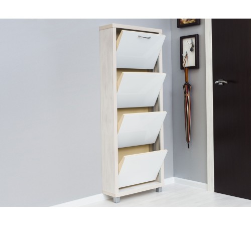 Обувница Люкс 4, выбеленное дерево/стекло белое