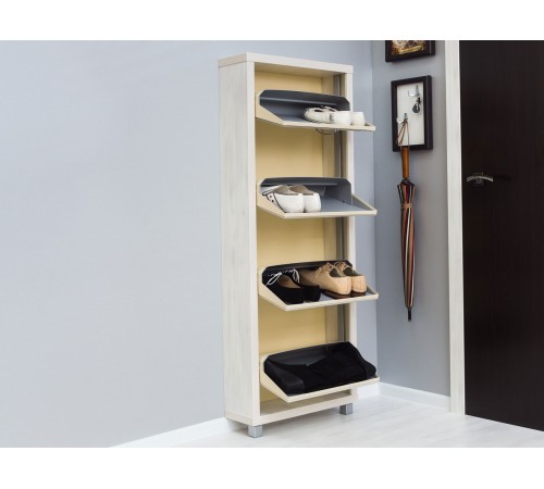 Обувница Люкс 4, выбеленное дерево/стекло белое