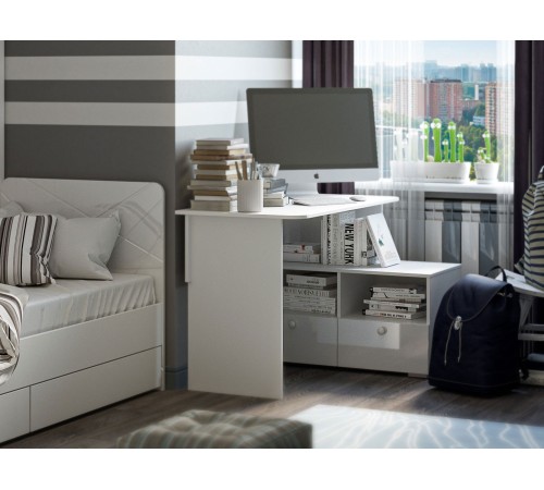 Стол письменный угловой Абрис 2 ящ 332.09, белый глянец / белый