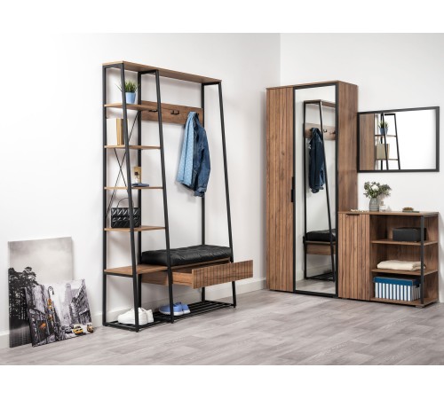 Прихожая Гранд 2, дуб крафт табачный/черный металл/черный кожзам