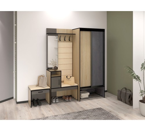 Прихожая с зеркалом Ольга-Лофт 1, дуб крафт золотой/темно-серый/люкса бренди экокожа