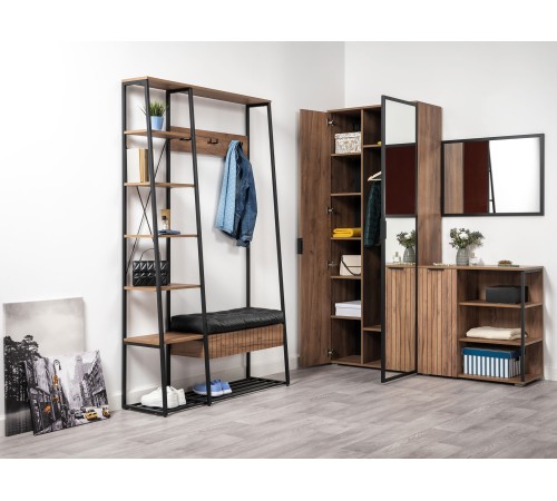 Прихожая Гранд 2, дуб крафт табачный/черный металл/черный кожзам