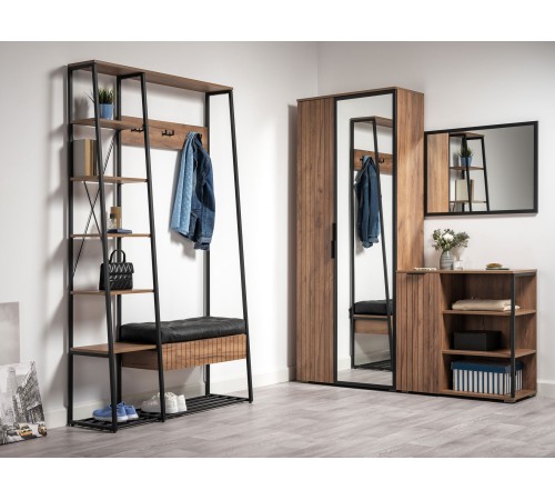 Прихожая Гранд 2, дуб крафт табачный/черный металл/черный кожзам