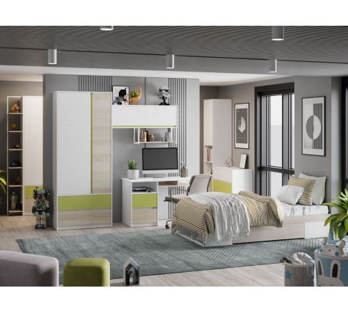 Шкаф 1 дв 2 ящ Сканди, дуб гарден/белый/зеленый