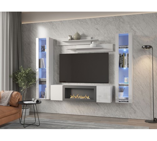 Шкаф навесной с биокамином, белый/черный