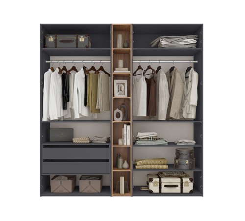 Распашной шкаф Лаура 1 с полками, ящиками и штангами, серый уголь/дуб барокко