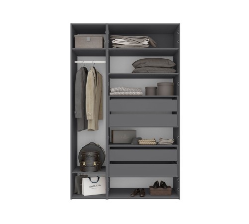 Распашной шкаф Лаура 2 с полками, четырьмя ящиками и штангой, серый уголь/зеркало