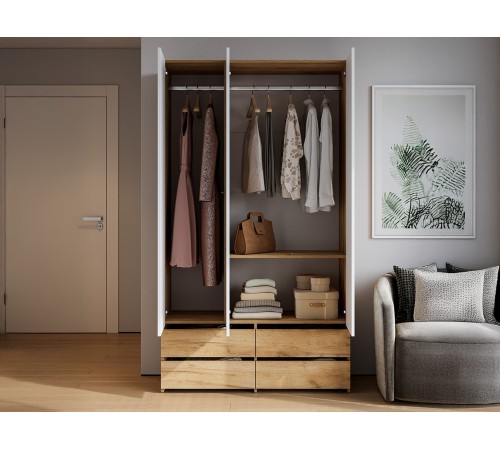 Шкаф 3 дв Абрау с ящиками, дуб золотой/белый