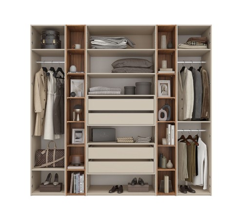 Распашной шкаф Лаура 4 с полками, ящиками и тремя штангами, серый кашемир/дуб барокко