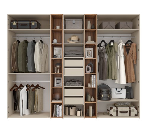 Распашной шкаф Лаура 5 с полками, четырьмя ящиками и штангами, серый кашемир/дуб барокко