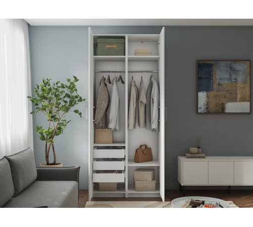 Шкаф 2 дв Осло (комплект) с полками, двумя штангами и тремя ящиками, белый