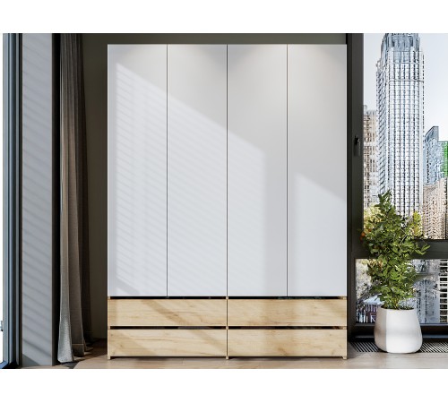 Шкаф 4 дв Абрау с ящиками, дуб золотой/белый