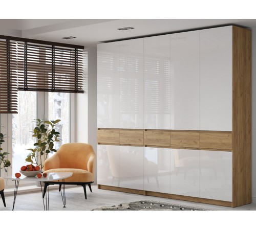 Шкаф 5 дв Бостон, дуб крафт золотой/белый глянец