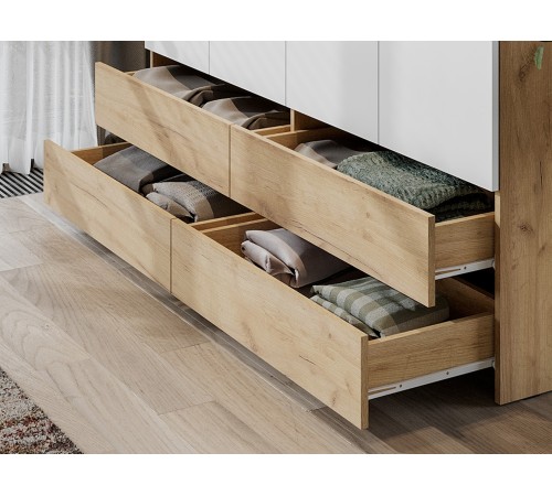 Шкаф 4 дв Абрау с ящиками, дуб золотой/белый