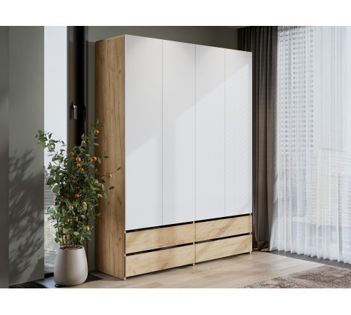 Шкаф 4 дв Абрау с ящиками, дуб золотой/белый