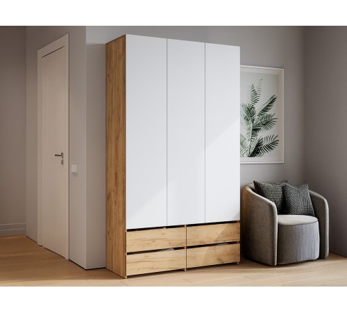 Шкаф 3 дв Абрау с ящиками, дуб золотой/белый