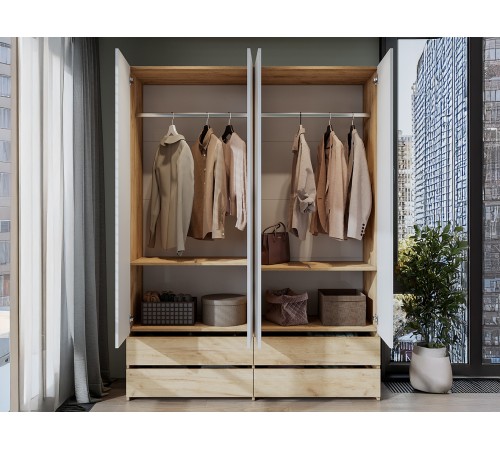 Шкаф 4 дв Абрау с ящиками, дуб золотой/белый