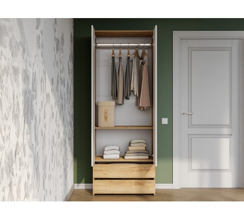 Шкаф 2 дв Абрау с ящиками, дуб золотой/белый