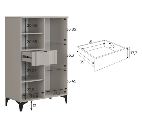 Комод Рич со стеклом, кашемир/фрапучино матовый/черный
