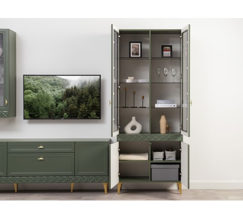 Шкаф-витрина 2 дв Марион 16.397.02, дымчатый зеленый/олива шагрень