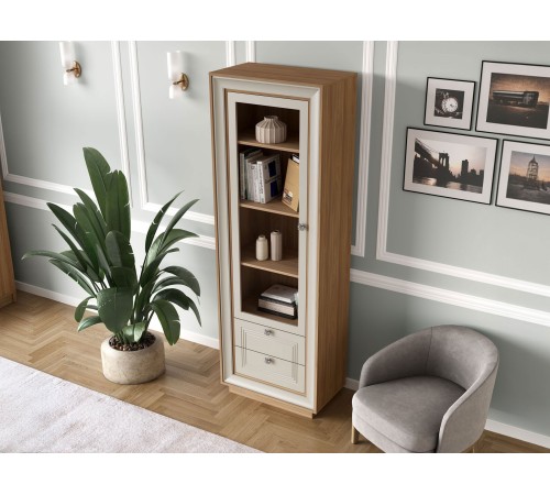 Шкаф-витрина 1 дв 2 ящ Прато, вяз швейцарский светлый/газания матовая