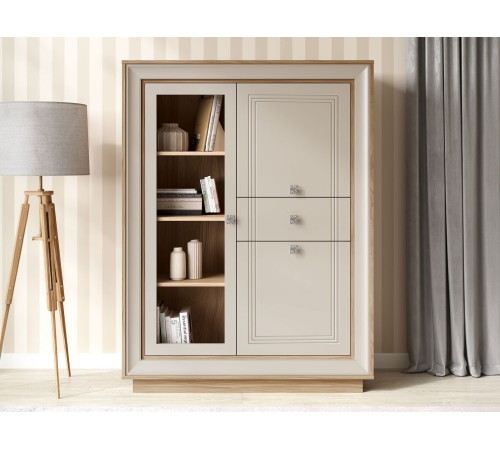 Шкаф-витрина 2 дв 1 ящ Прато низкий, вяз швейцарский светлый/газания матовая